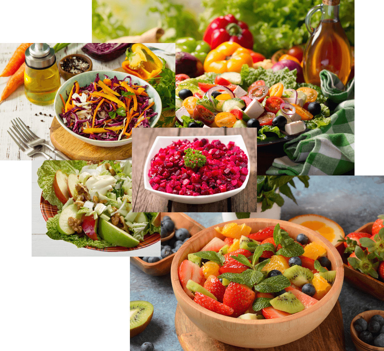 collage van groeten, fruit en maaltijd