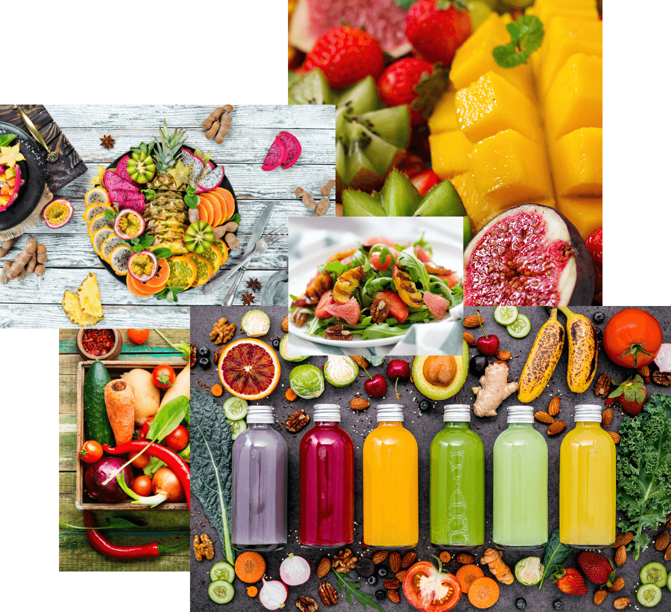 collage van groeten, fruit en maaltijd