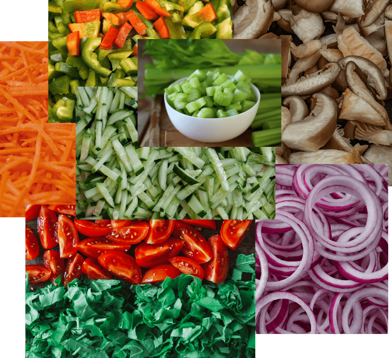 collage van groeten, fruit en maaltijd